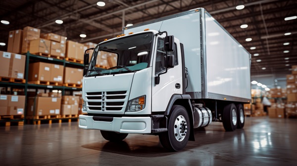 White box truck parked inside a spacious warehouse with shelves stocked with brown packages in the background. 691944330