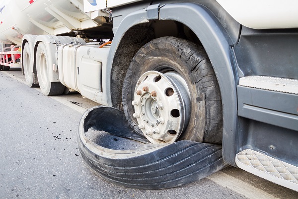 Close-up of a truck with a blown-out tire on the side of the road.