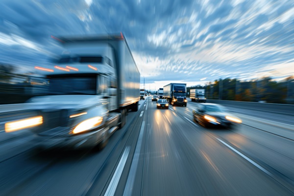 Blurry highway scene with a white semi-truck speeding down the road. 888088265